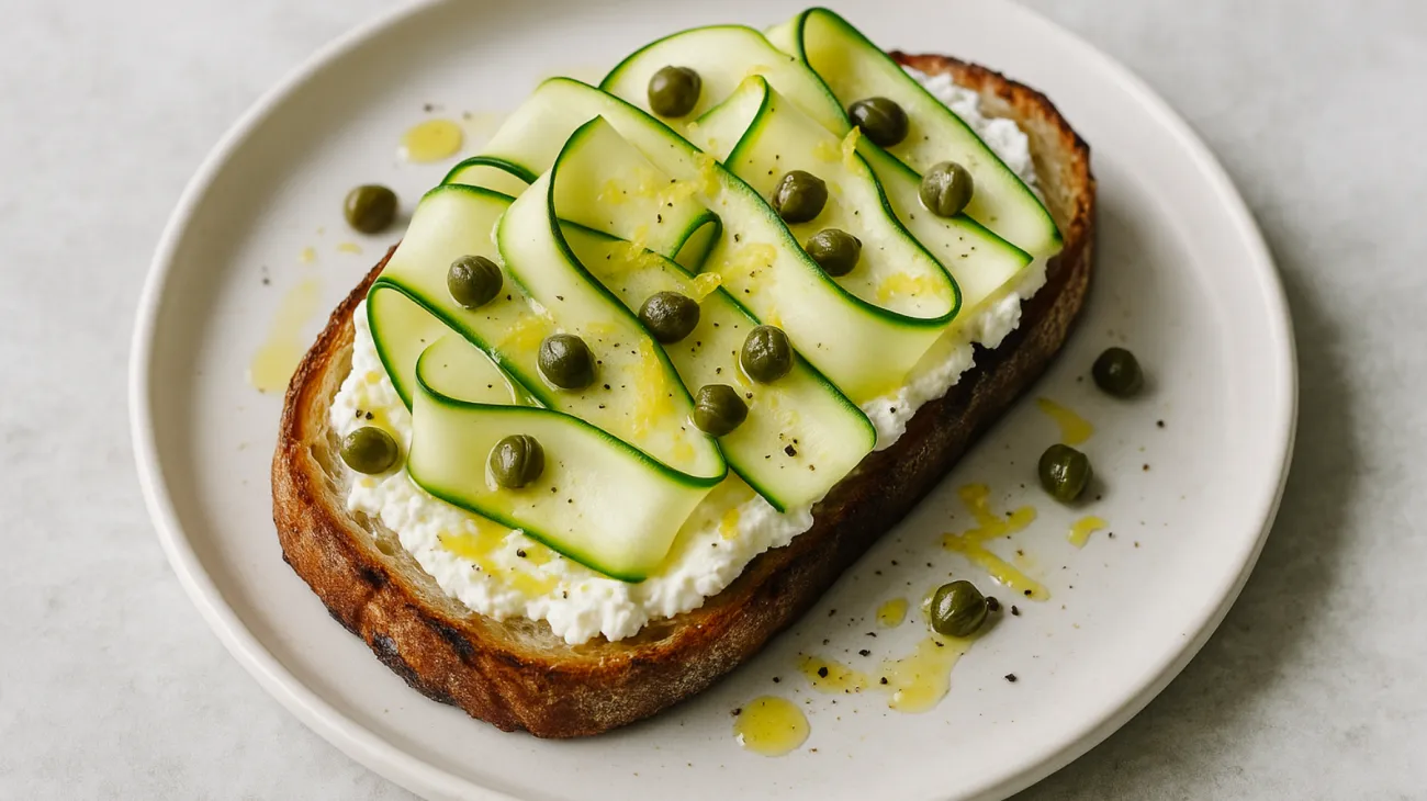 Bruschettina Vesuvio ricotta zucchine croccanti scorza di limone."