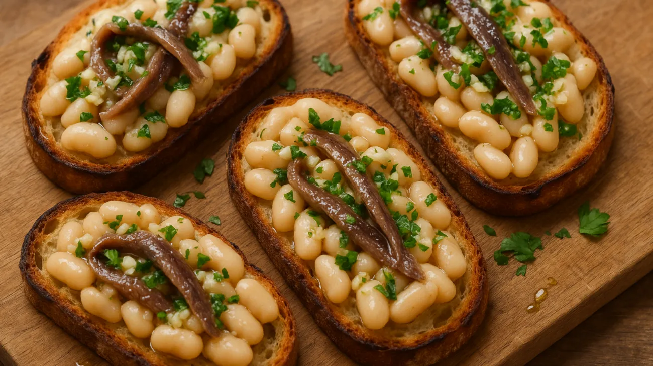 Crostoni con alici fagioli aglio fresco"