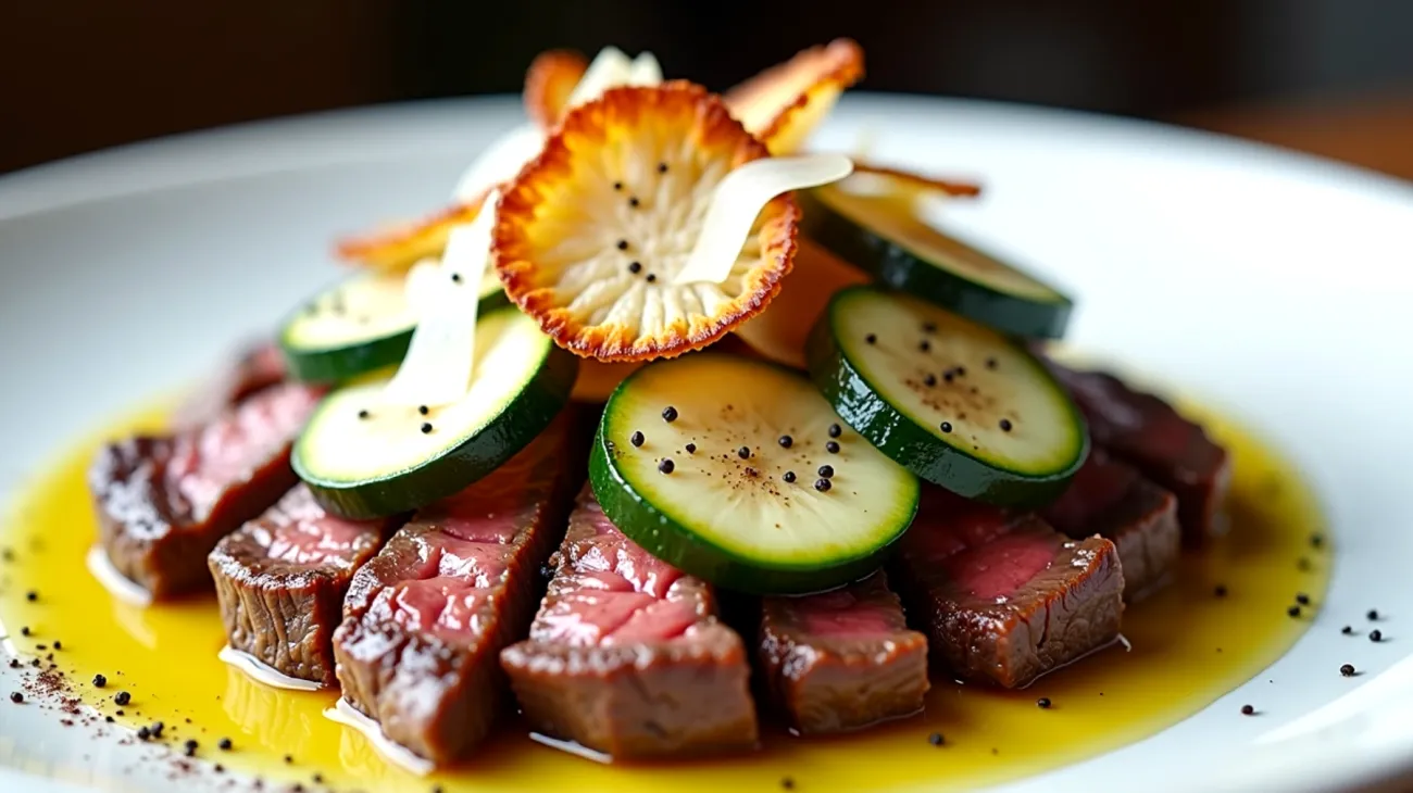 Tagliata di manzo pecorino toscano zucchine novelle"