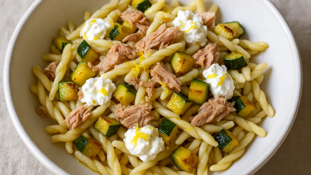 Trofie con tonno e zucchine formaggio caprino scorza di limone grattugiata"