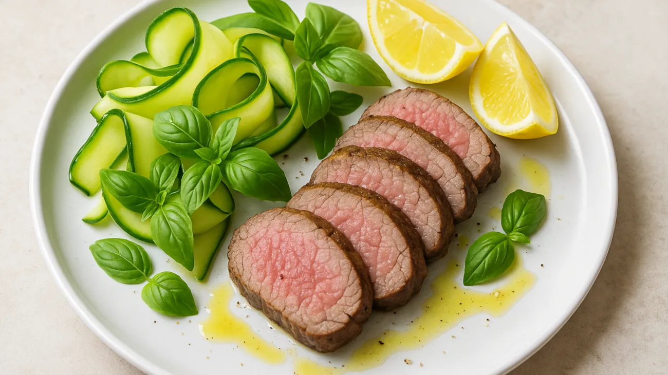 basilico fresco controfiletto grigliato nastri di zucchine"